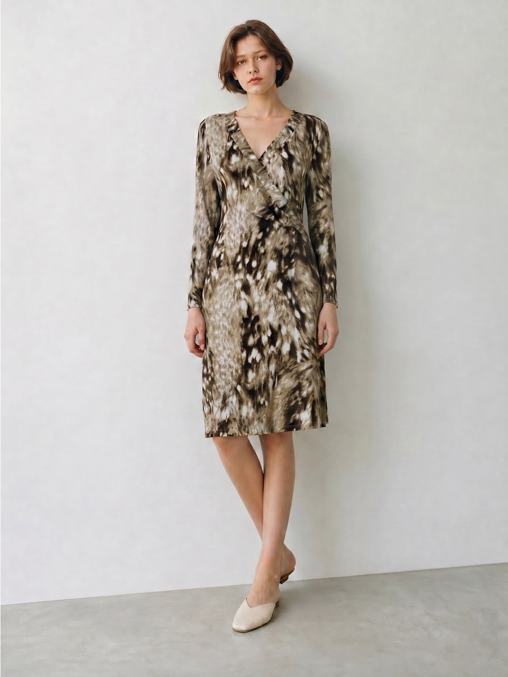 Pamela Dennis Brown Cream Printed Long Sleeve Faux-Wrap Dress Size S